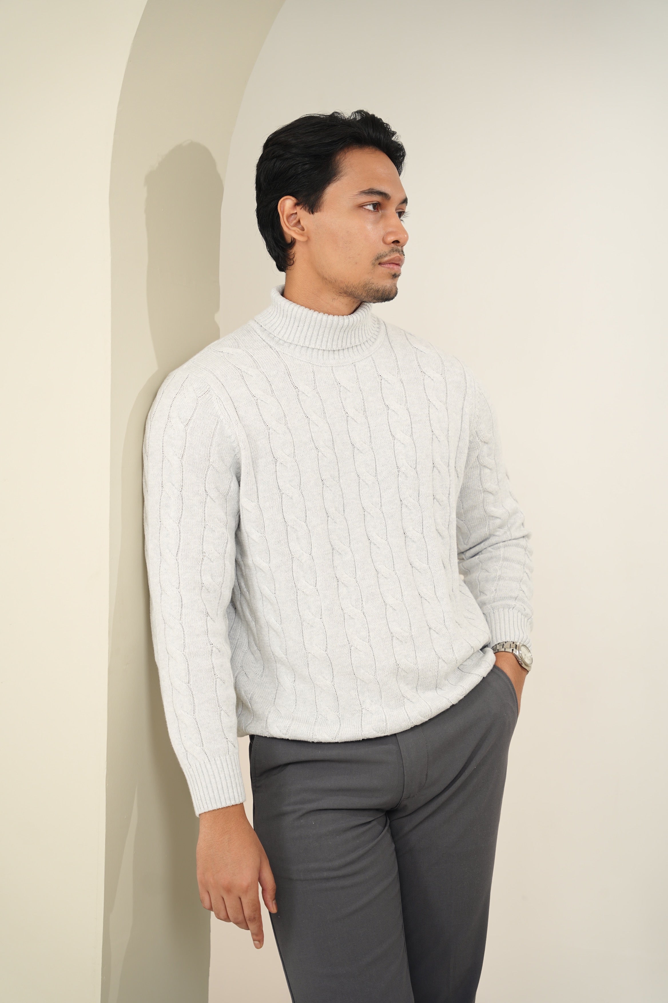 Titanium Cable-knit Turtleneck Sweater