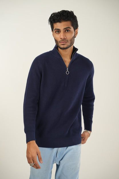 Mock Neck Zipper Sweater in Navy