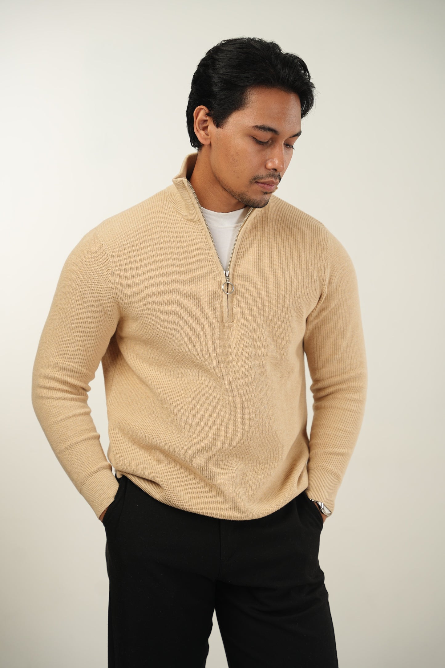 Mock Neck Zipper Sweater in Oatmeal