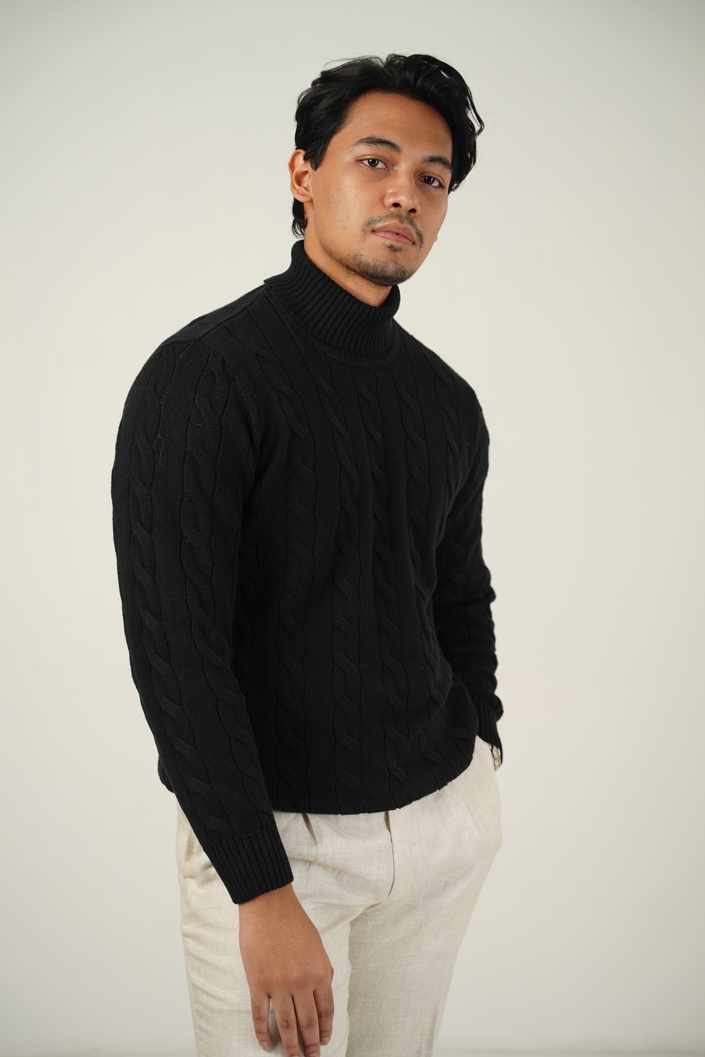 Black Cable-knit Turtleneck Sweater