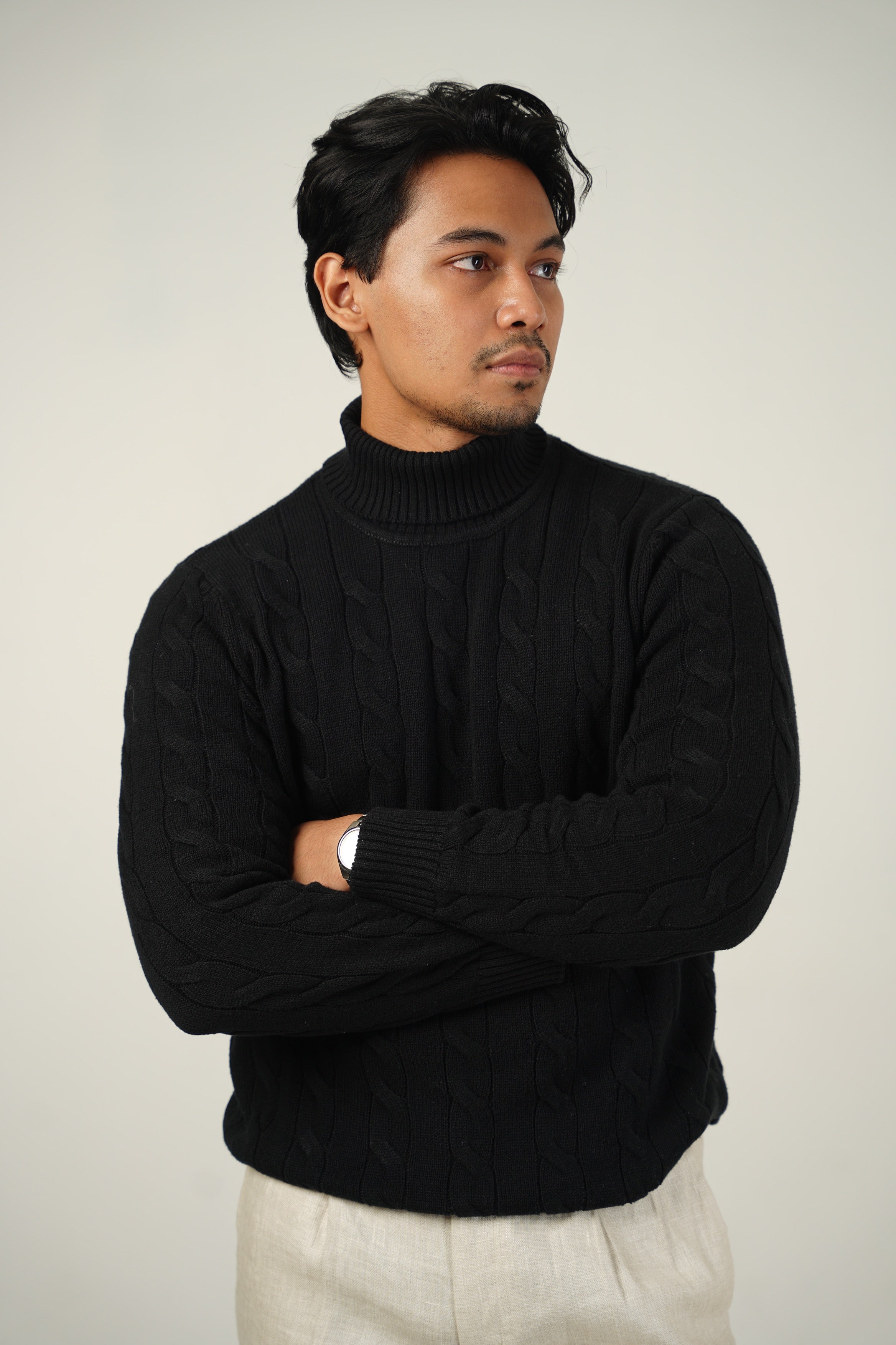 Black turtleneck cable knit sweater sale