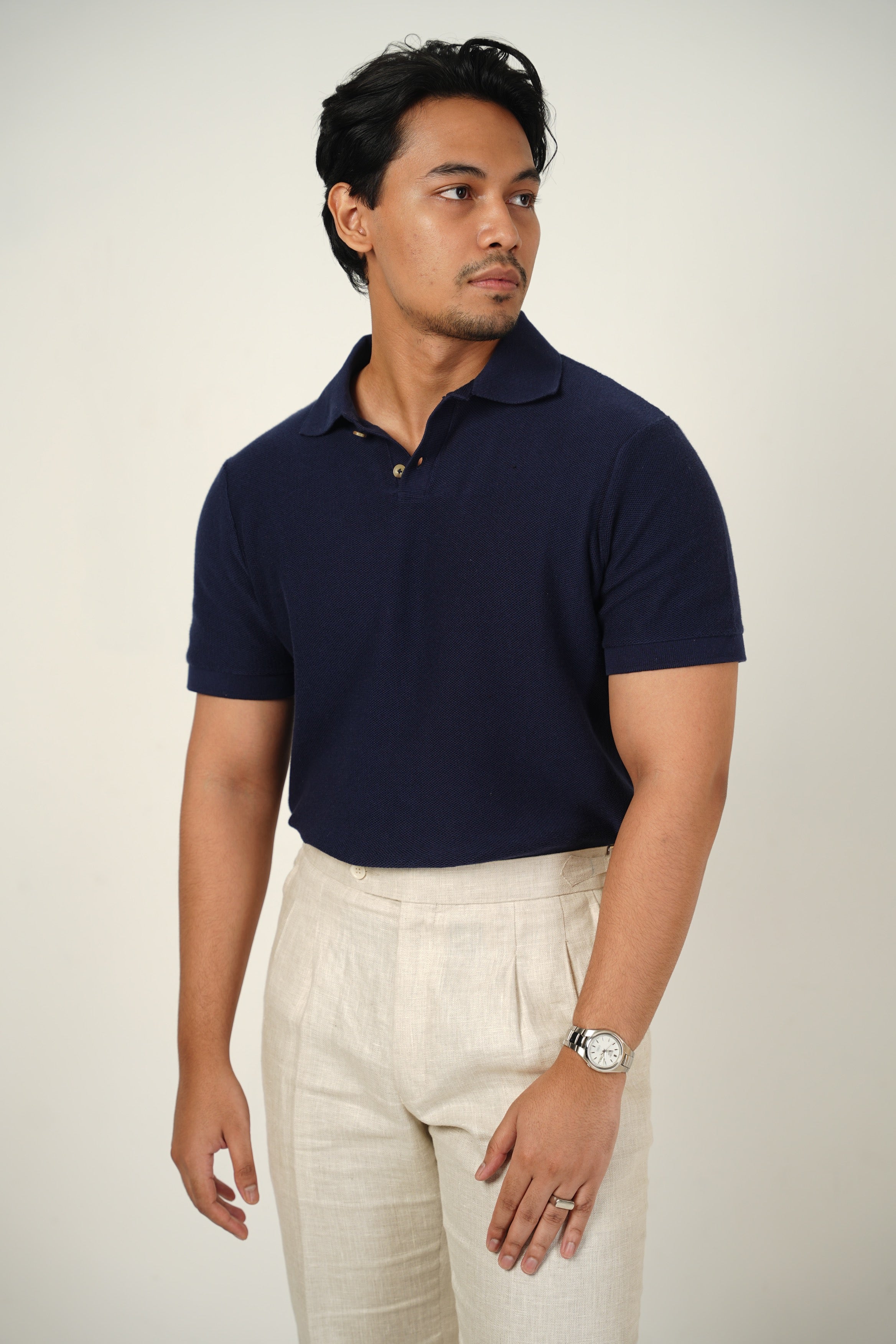 Basket Textured Luxury Knit Polo in Navy