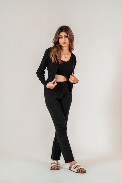 Black Ribbed Three Piece Lounge Set