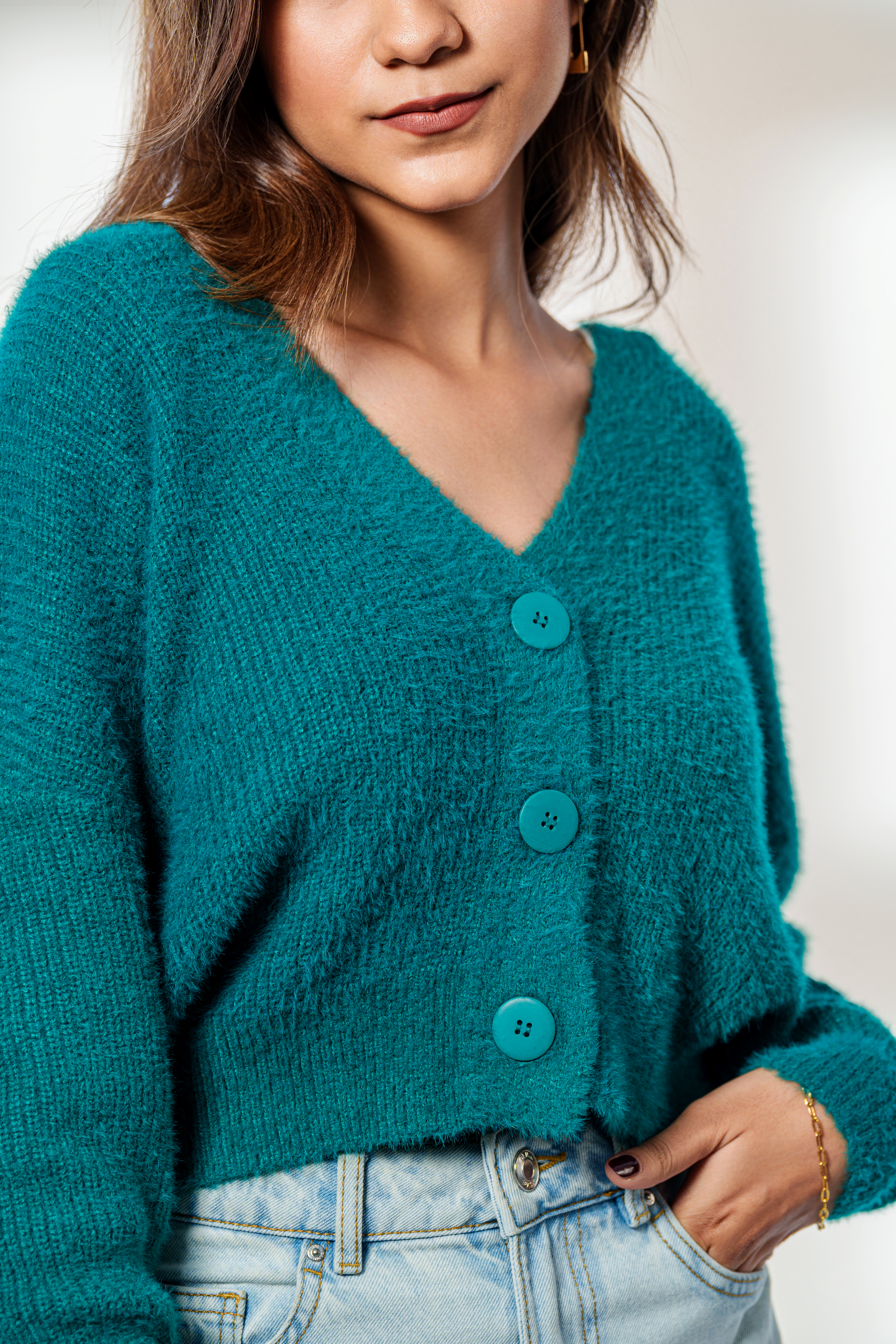 Fuzzy Teal Oversized Cardigan