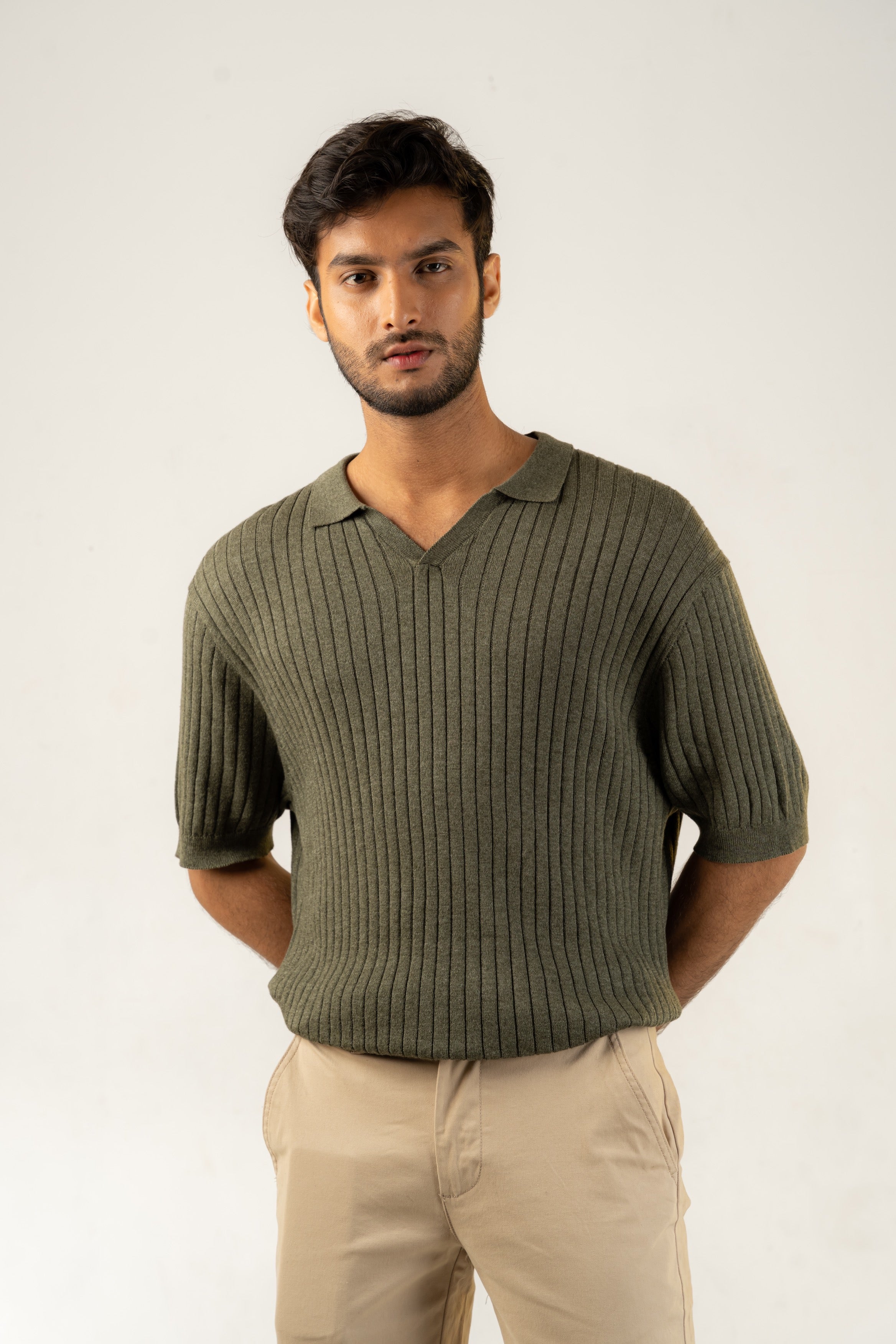 Textured Luxury Knit Polo in Forest Green