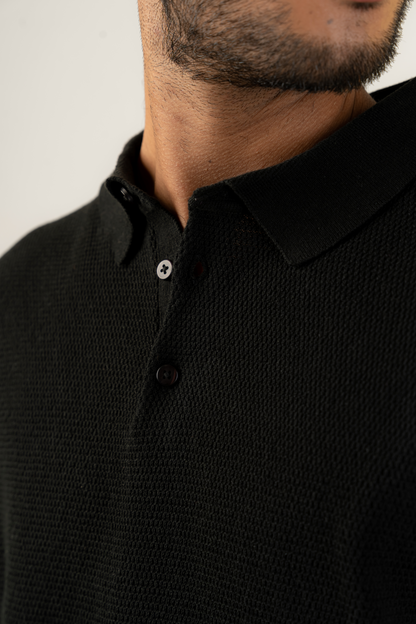 Granule Textured Luxury Knit Polo in Black