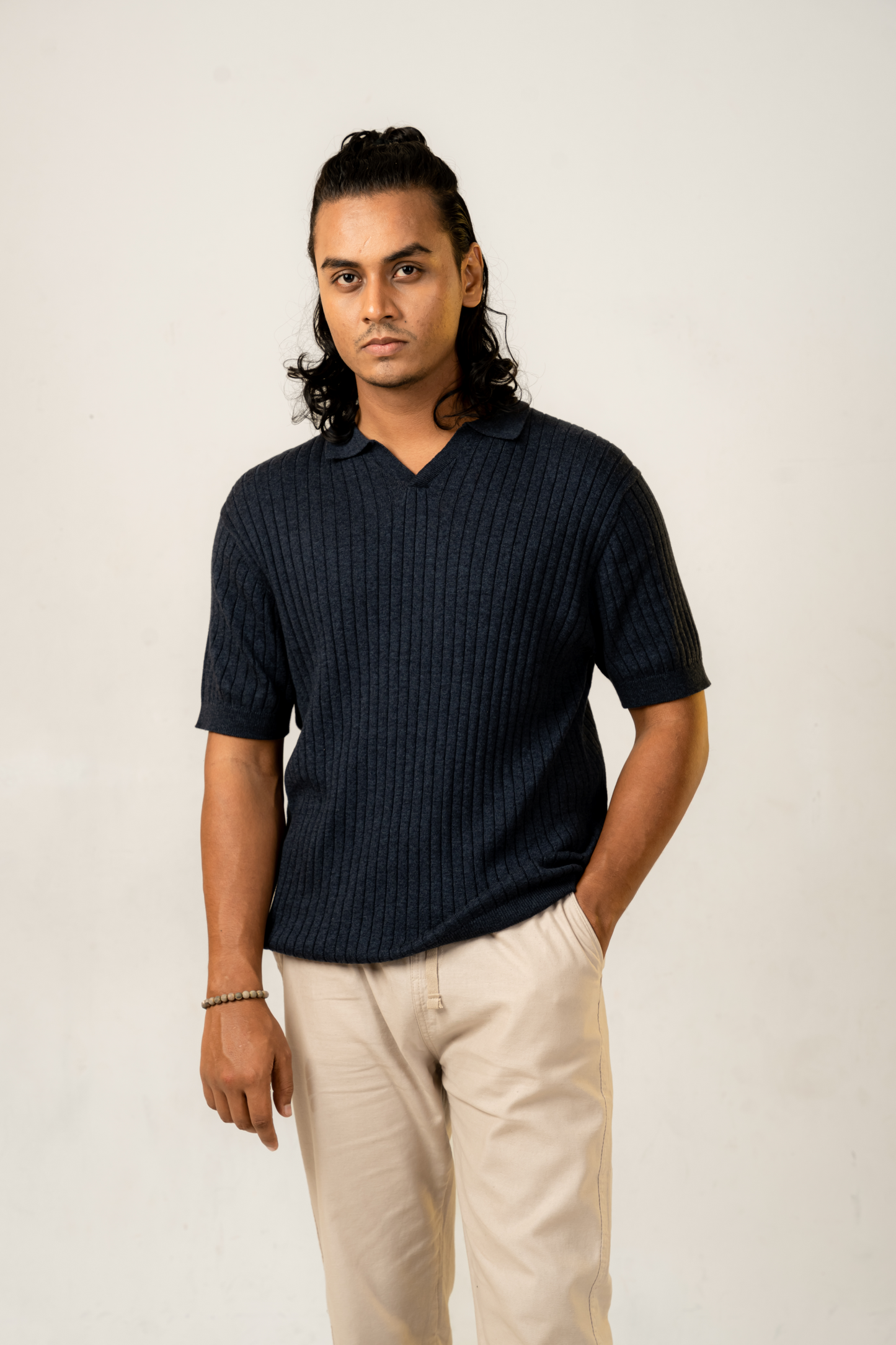 Textured Luxury Knit Polo in Blue Melange