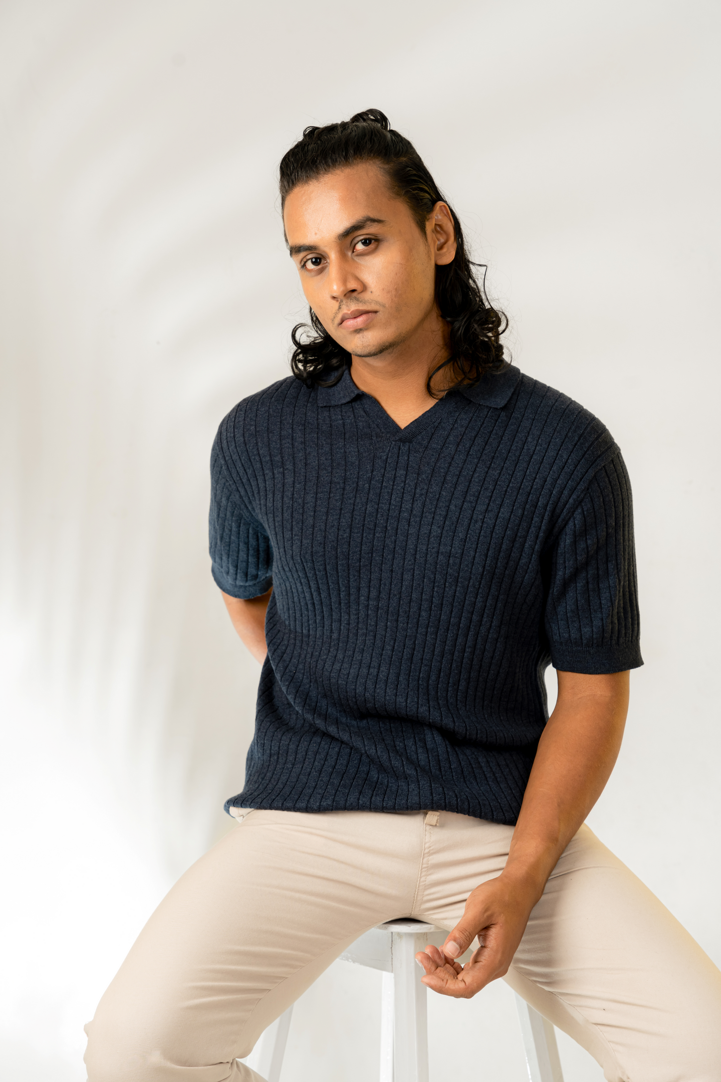 Textured Luxury Knit Polo in Blue Melange