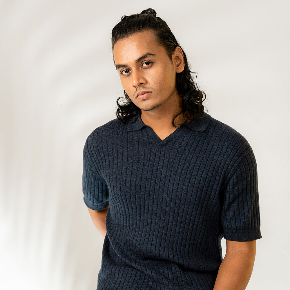 Textured Luxury Knit Polo in Blue Melange