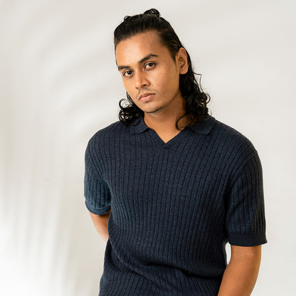 Textured Luxury Knit Polo in Blue Melange