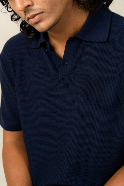 Basket Textured Luxury Knit Polo in Navy