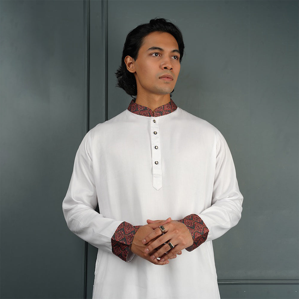 White Twill Panjabi with Red Mughal Lining