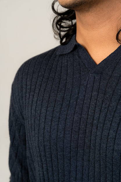 Textured Luxury Knit Polo in Blue Melange