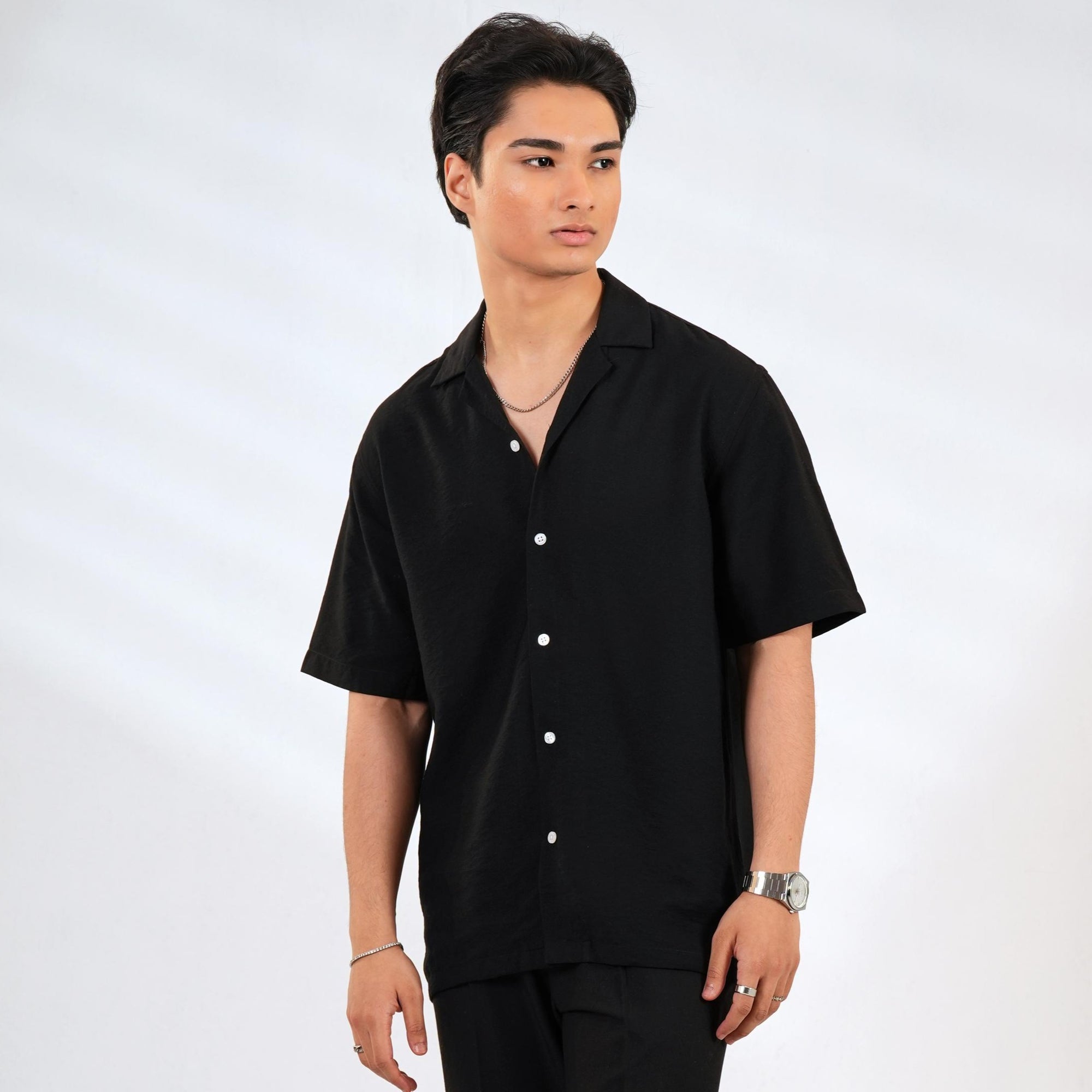 Black Textured Drape Shirt