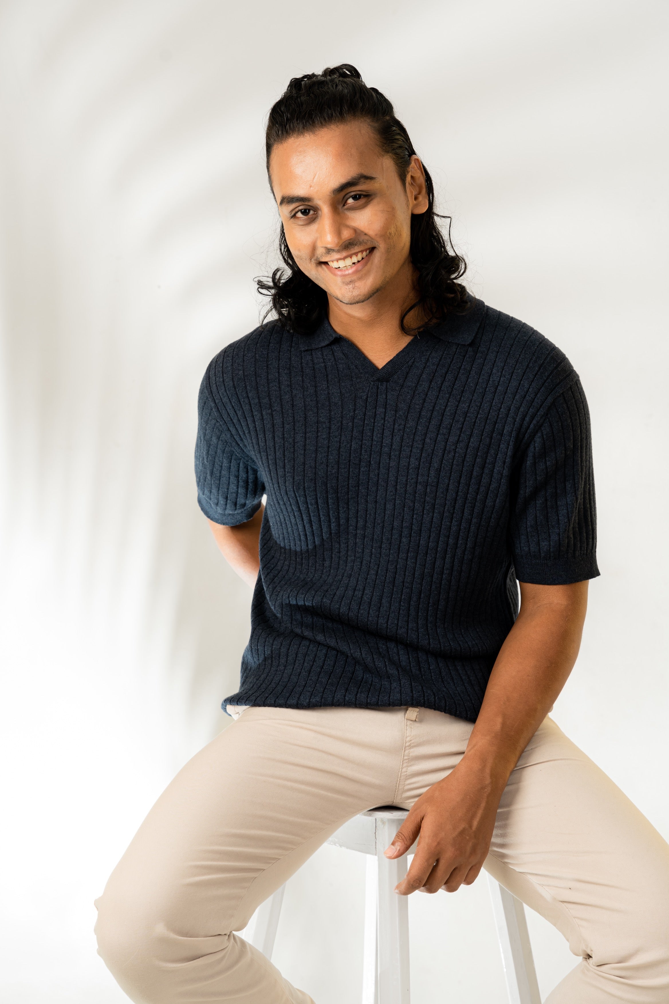 Textured Luxury Knit Polo in Blue Melange