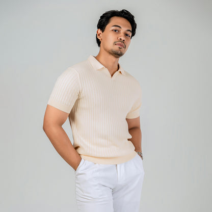 Textured Luxury Knit Polo in Ivory