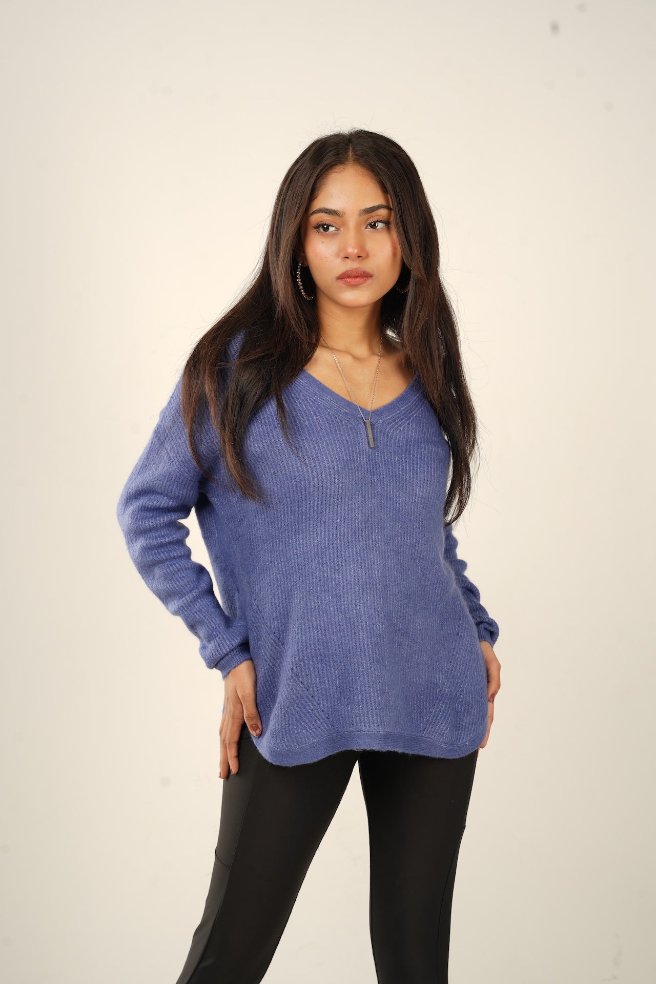 French Blue Oversized V-Neck Sweater - Bosphorus Fashion Ltd.