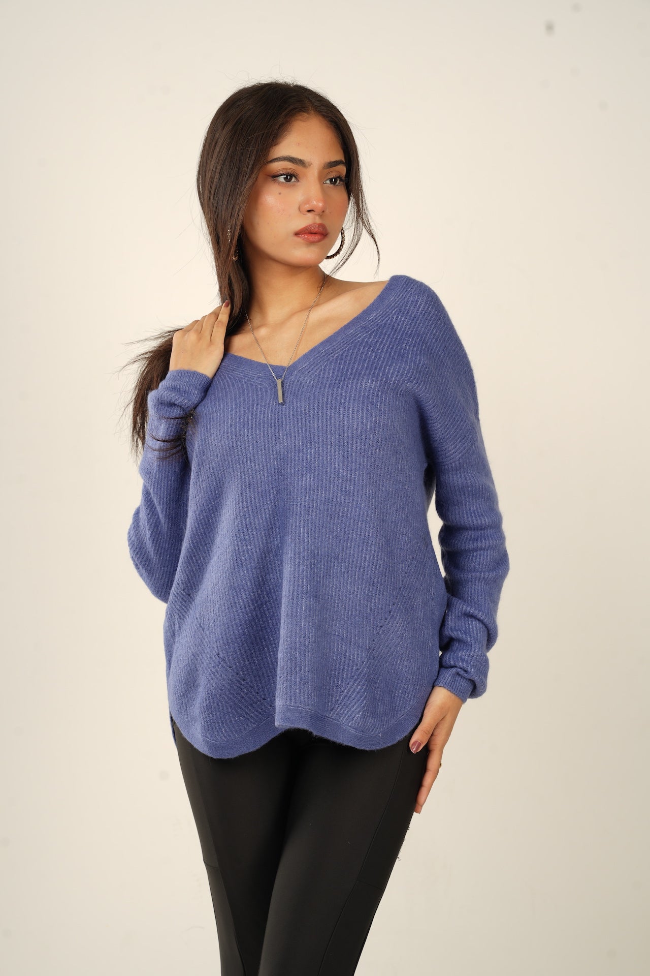 French Blue Oversized V-Neck Sweater - Bosphorus Fashion Ltd.