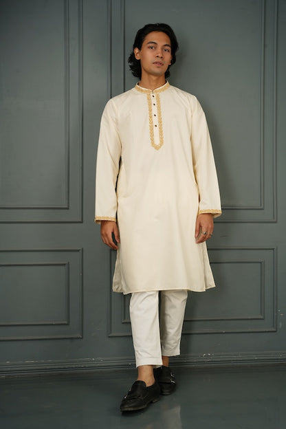 Mansour Embroidered Panjabi in Off White - Bosphorus Fashion Ltd.