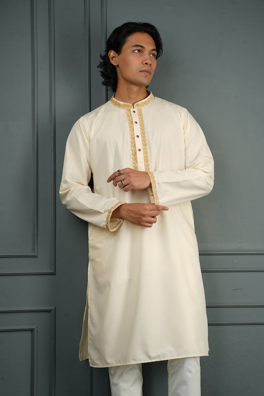 Mansour Embroidered Panjabi in Off White - Bosphorus Fashion Ltd.