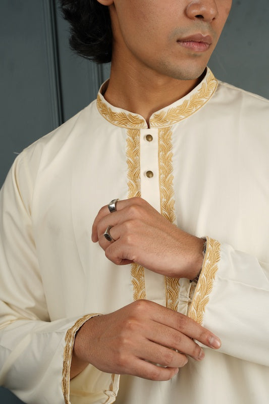 Mansour Embroidered Panjabi in Off White - Bosphorus Fashion Ltd.