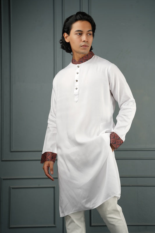White Twill Panjabi with Red Mughal Lining - Bosphorus Fashion Ltd.