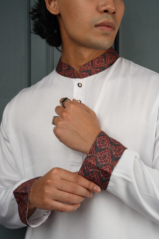 White Twill Panjabi with Red Mughal Lining - Bosphorus Fashion Ltd.