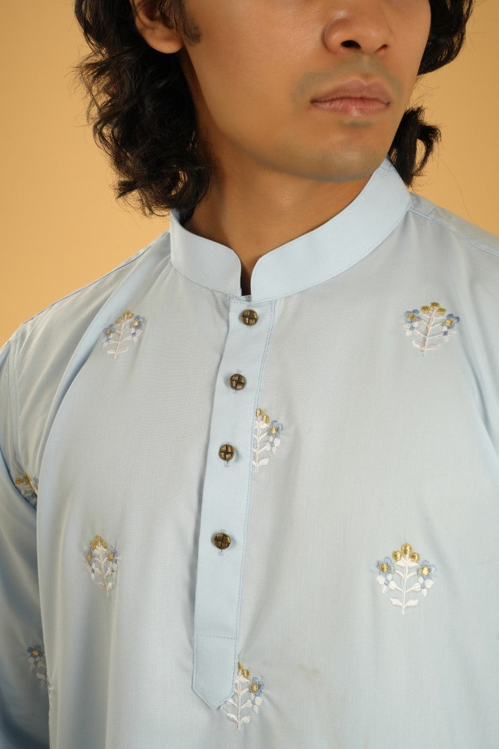 Amir All-over Embroidered Kurta in Sky Blue - Bosphorus Fashion Ltd.